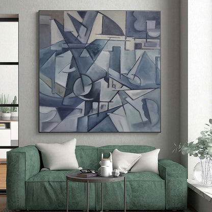 Hand-Painted Blue Geometric Abstract, Acrylic Modern Art Painting HS437
