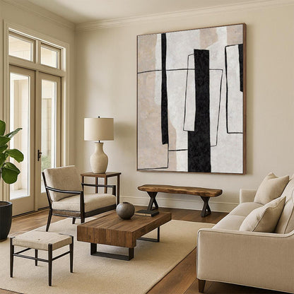 Modern Art Acrylic Black, Beige, and White Geometric Abstract Art HS697