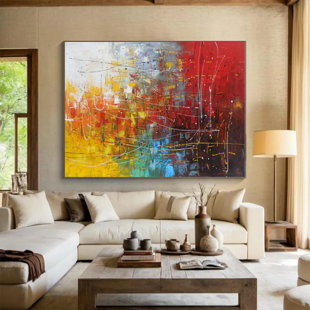 Unique Abstract Art Red, Yellow & Blue Gestural Abstract, Large Contemporary Wall Art HS249