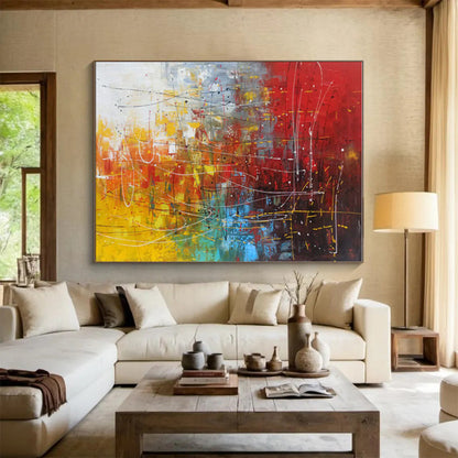 Unique Abstract Art Red, Yellow & Blue Gestural Abstract, Large Contemporary Wall Art HS249