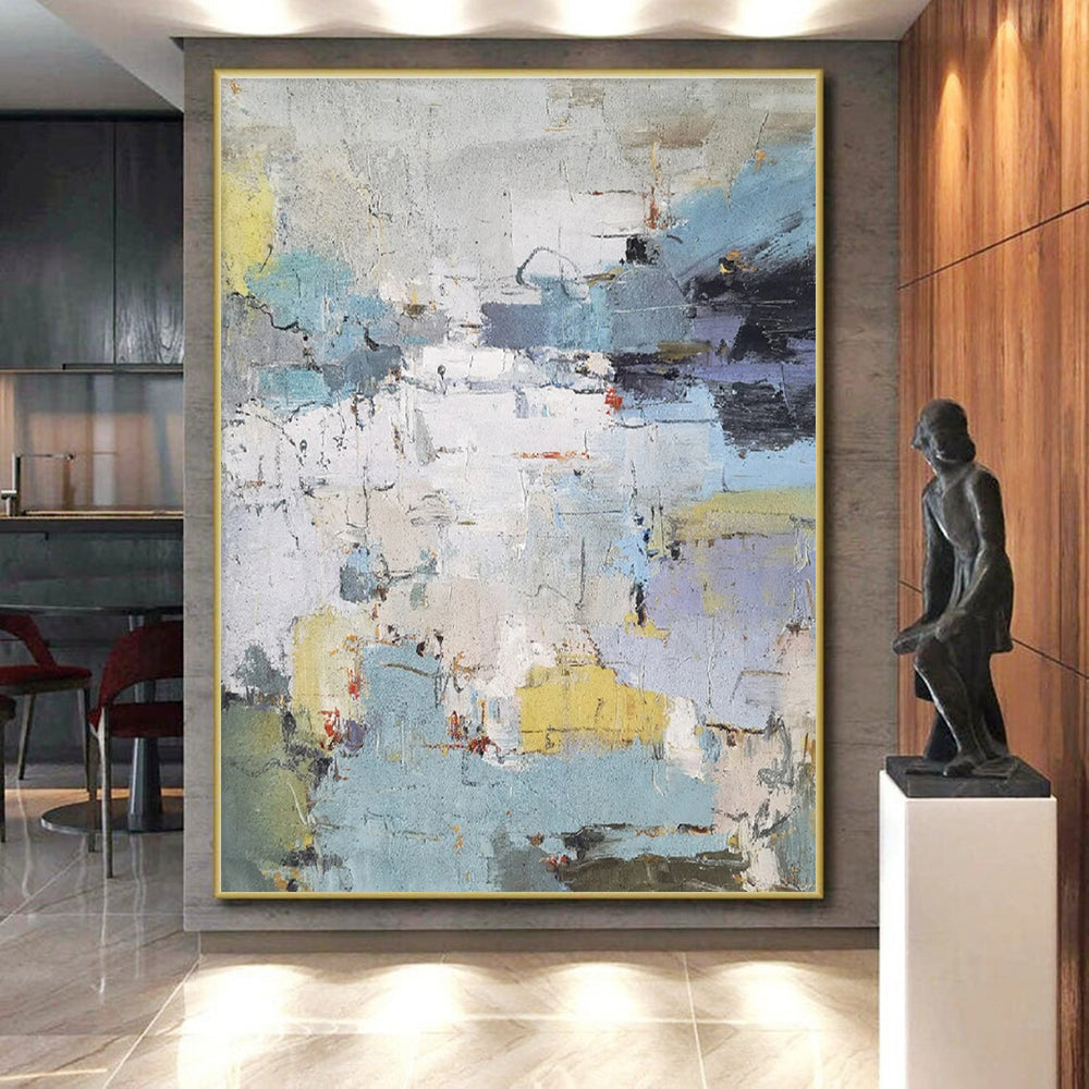 Hand-Painted Blue, Yellow & Gray Textured Abstract, Modern Art Acrylic HS256