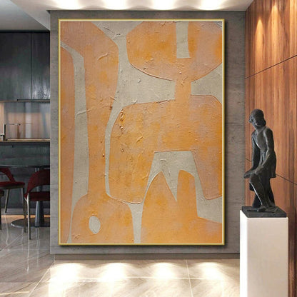 Hand-Painted Orange and Beige Abstract Shaped Painting For Sale HS021
