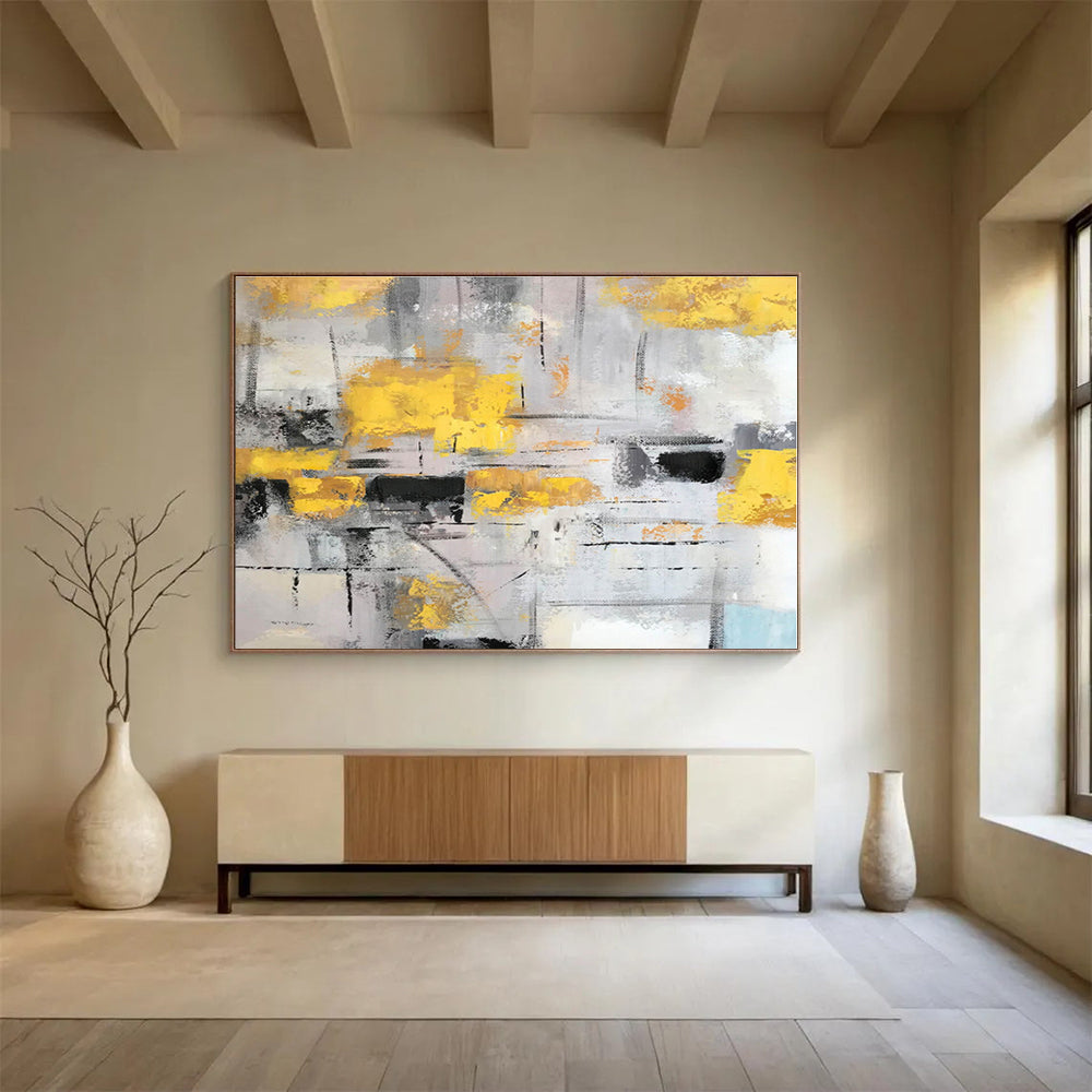 Huge Size Yellow, Gray and Black Abstract Geometric Painting WB074