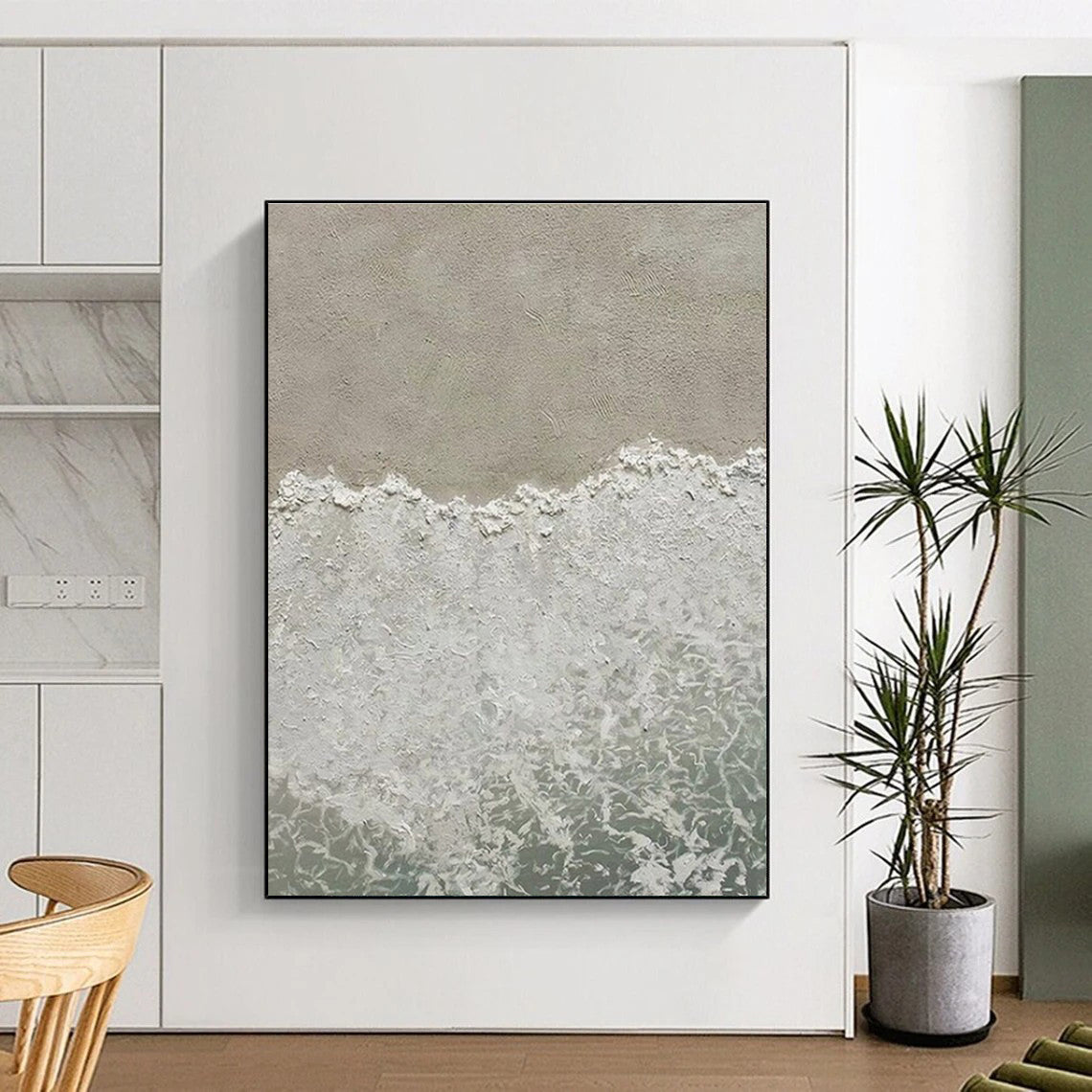 Green, Gold, and Gray Abstract Seaside Painting For Sale Online WS480
