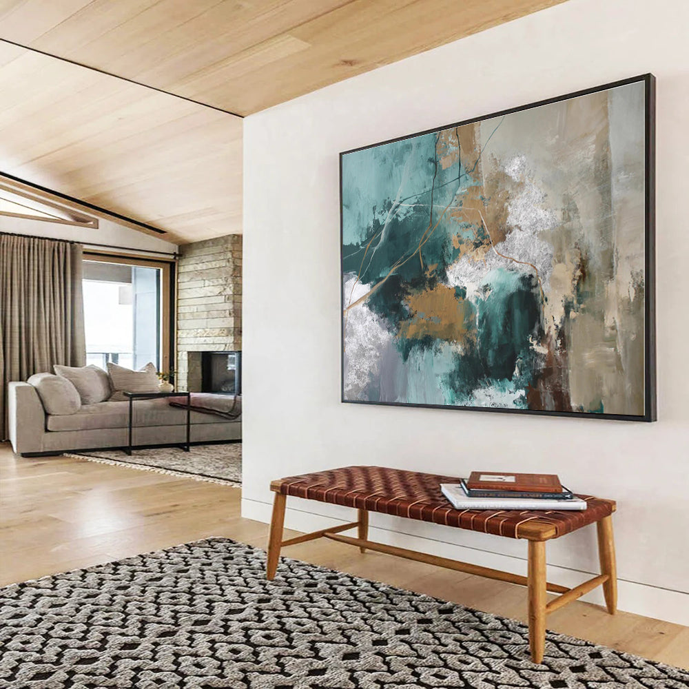 Extra Large Size Teal, Gold and Gray Abstract Textured Painting WB114