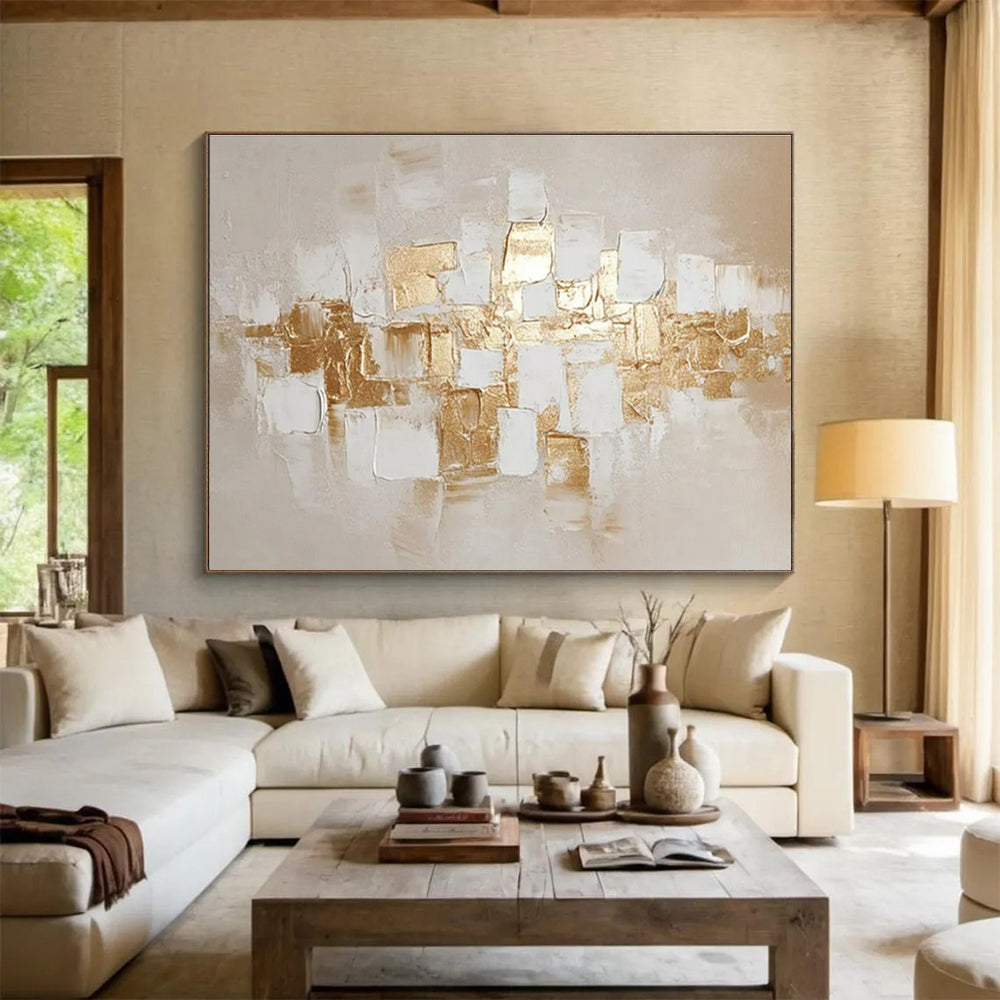 Hand Painted Art: Gold and Beige Textured Geometric Abstract Painting WB352
