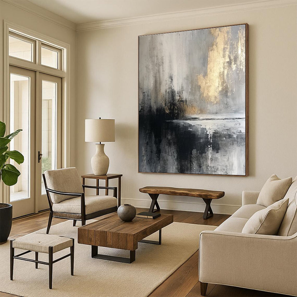 Gray, Black, and Gold Abstract Seaside Painting For Sale Online WS490