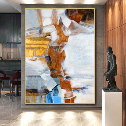 Hand-Painted Brown, White, and Blue Geometric Abstract Painting For Sale HS003