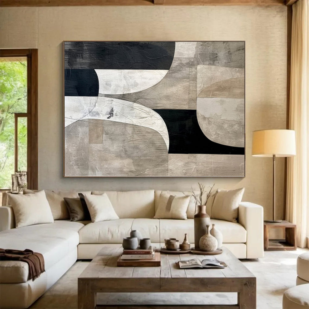 Hand-Painted Black, White, and Beige Abstract Geometric Shape Painting For Sale HS062