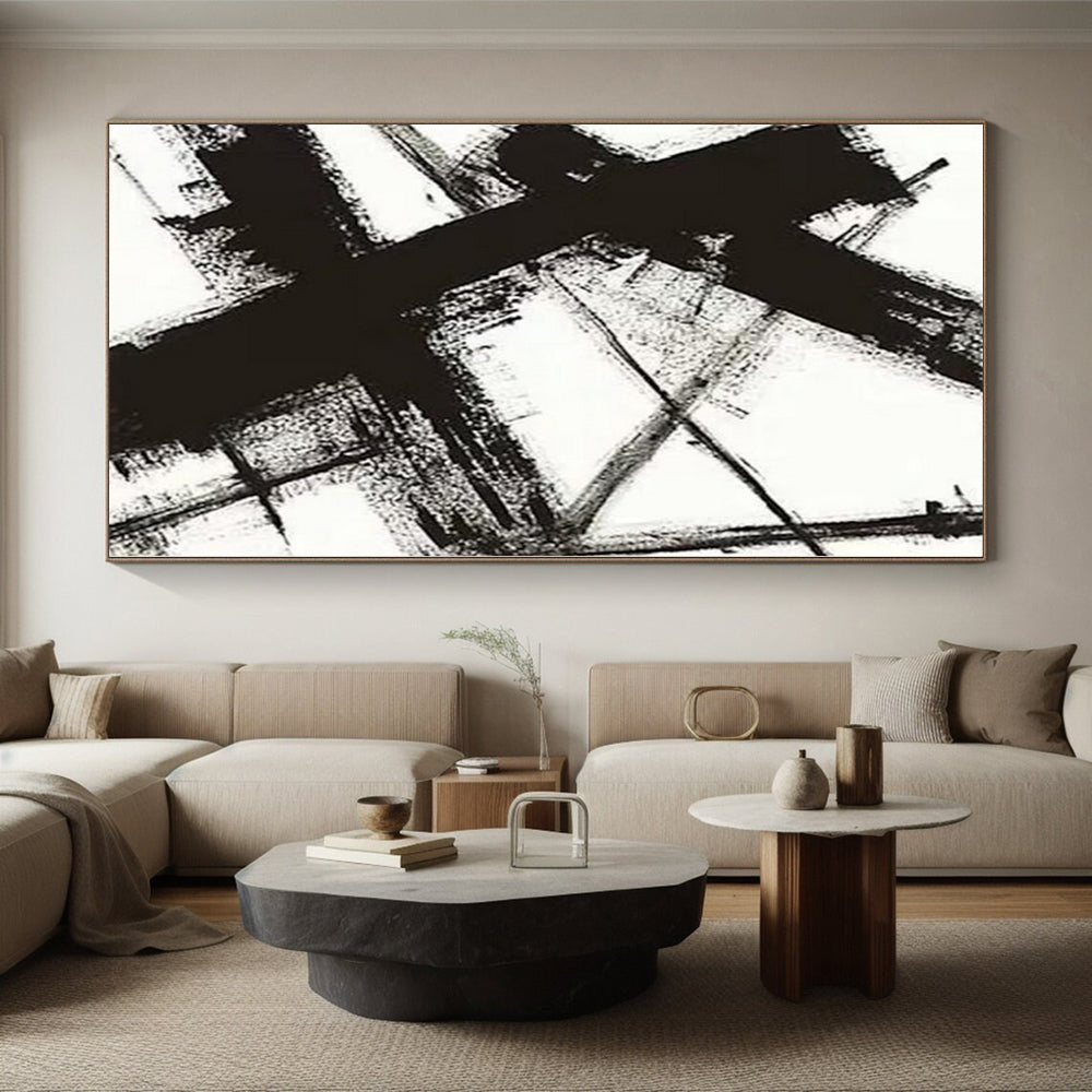 Hand-Painted Black and White Abstract Geometric Painting For Sale HS014