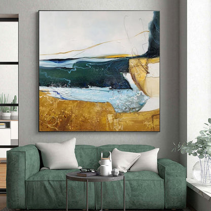 Hand Painted Art Blue, Green, and Gold Dynamic Abstract Painting On Canvas HS811