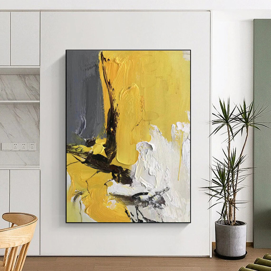 Large Size Yellow, Gray & White Textured Abstract Art HS390