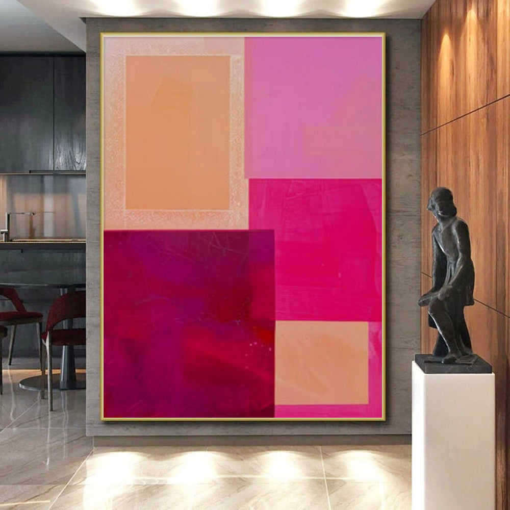 Hand Painted Art Pink, Orange, and Red Geometric Abstract Painting On Canvas HS788
