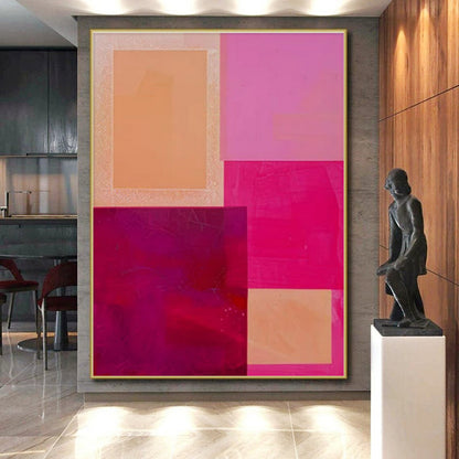 Hand Painted Art Pink, Orange, and Red Geometric Abstract Painting On Canvas HS788