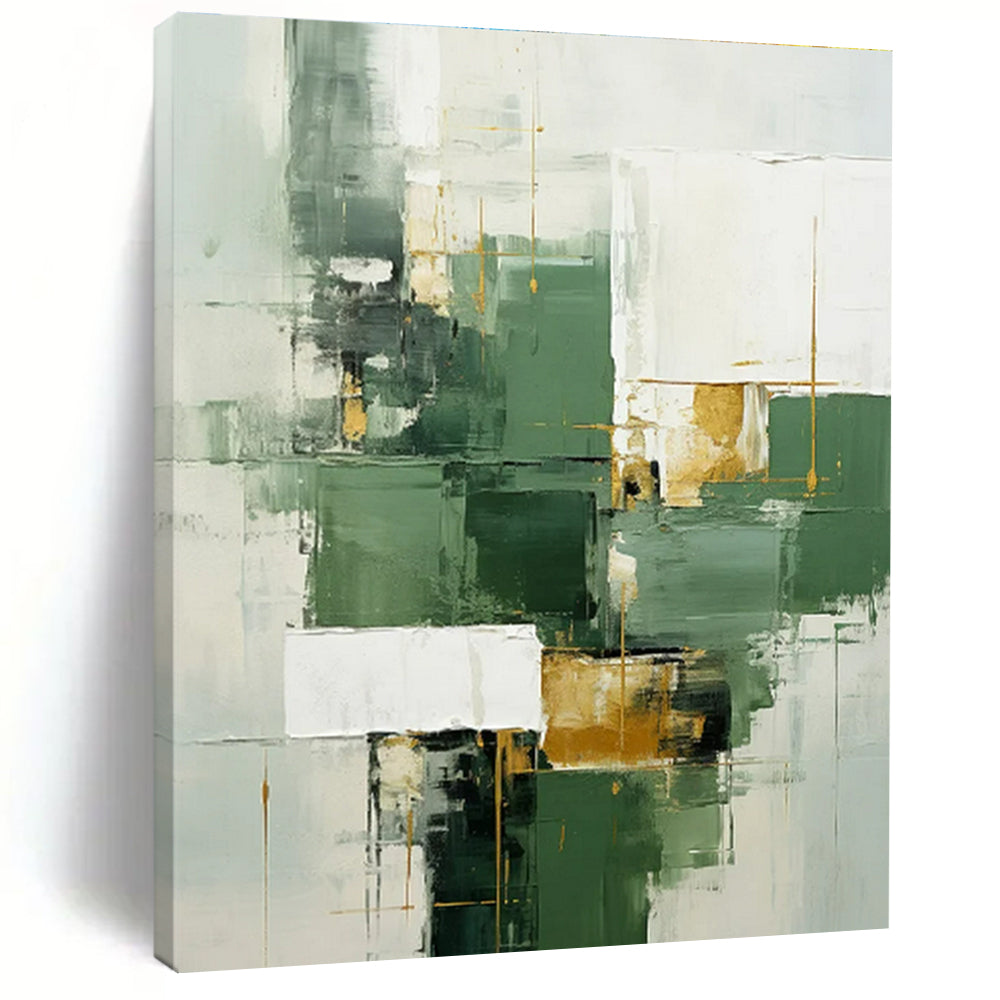 Unique Abstract Art Green, White, and Gold Geometric Abstract Painting On Canvas HS800