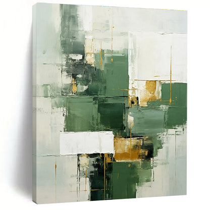 Unique Abstract Art Green, White, and Gold Geometric Abstract Painting On Canvas HS800