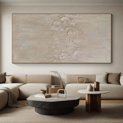Hand-Painted Minimalist Canvas Art in Beige with Textured Details - Large Painting In Living Room HS505