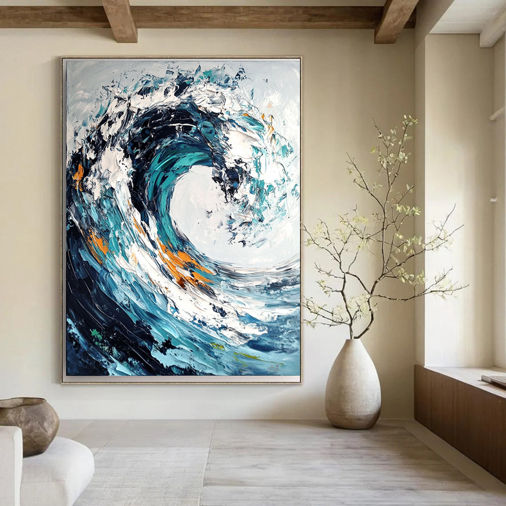 Blue, White, Orange Abstract Seascape Art For Bathroom and Living Room WS432