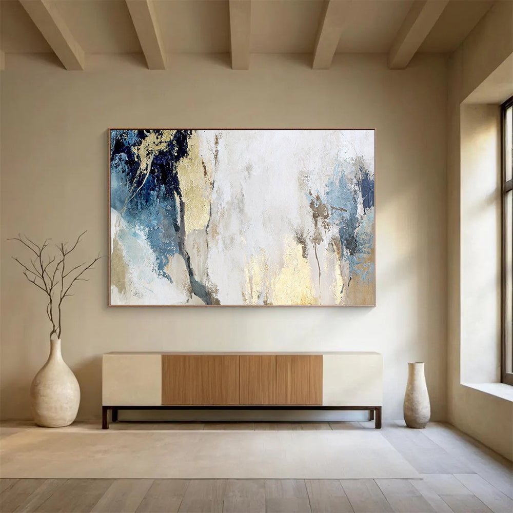 Oversized Canvas Art Blue, Gold and White Abstract Textured Painting WB112