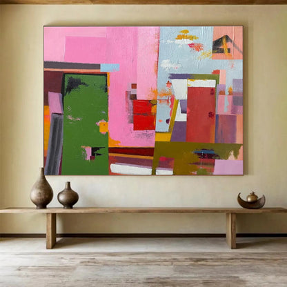 Horizontal Pink, Green, and Multicolor Geometric Abstract Art, Abstract Acrylic Painting WB173