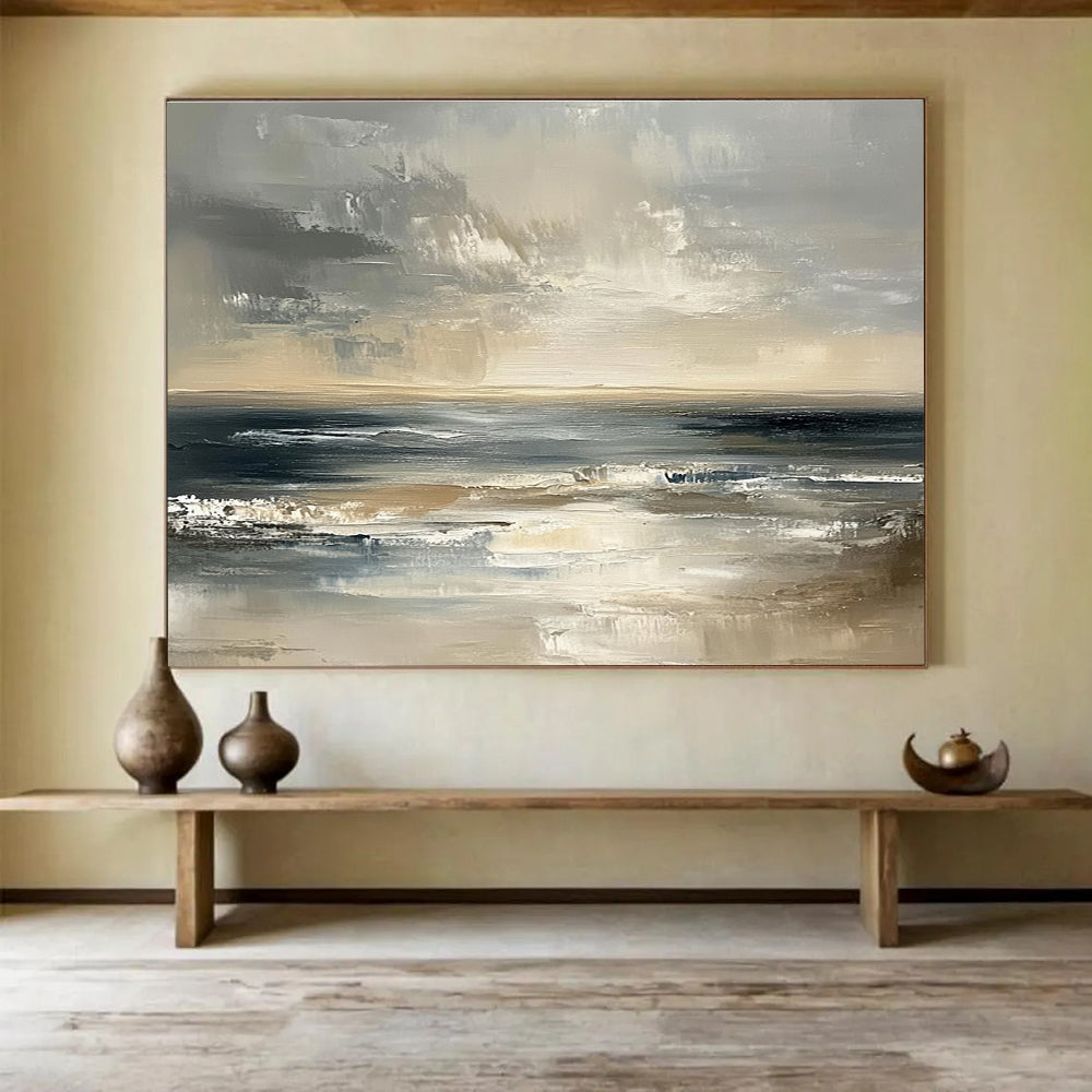 Contemporary Abstract Painting with Gray, Beige, Black and White Colors, Textured Sea Theme WB319
