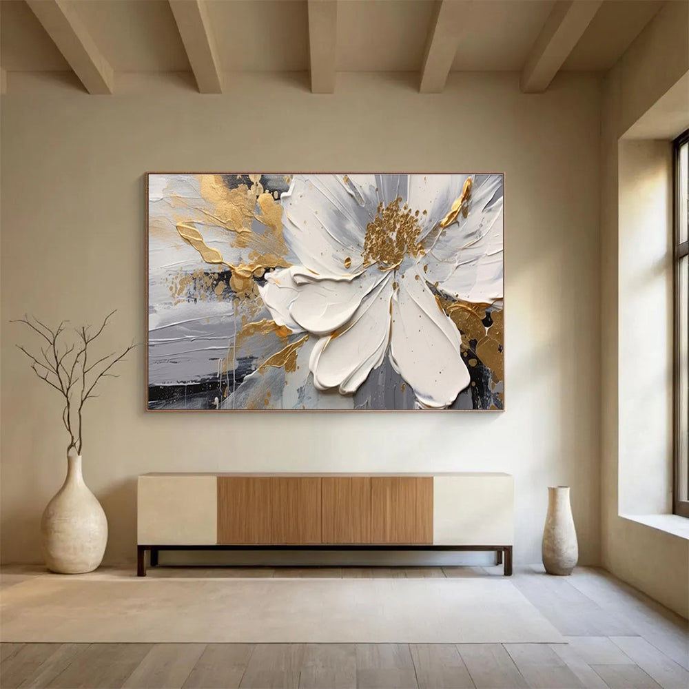 White, Gray, Gold Abstract Floral Art For Sale WB394