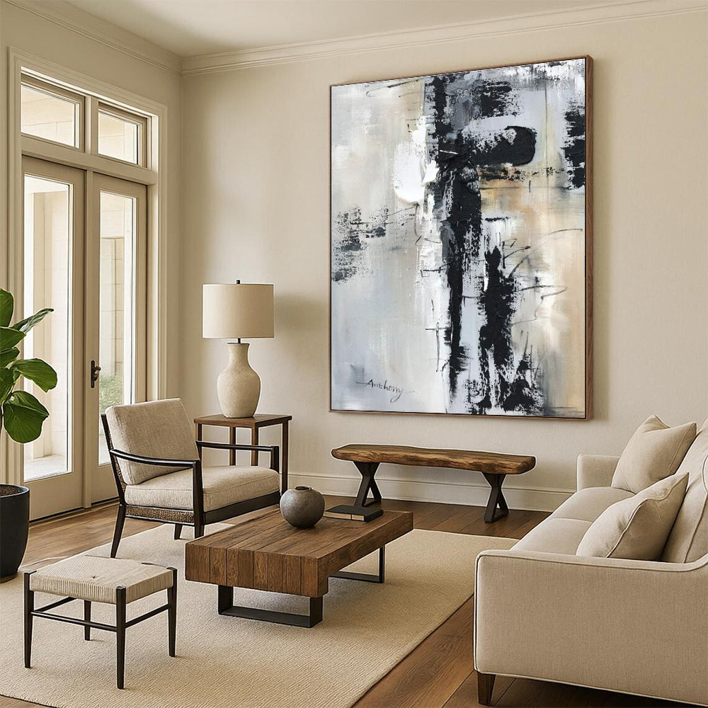 Large Contemporary Wall Art Black, White, and Neutral Textured Abstract HS587