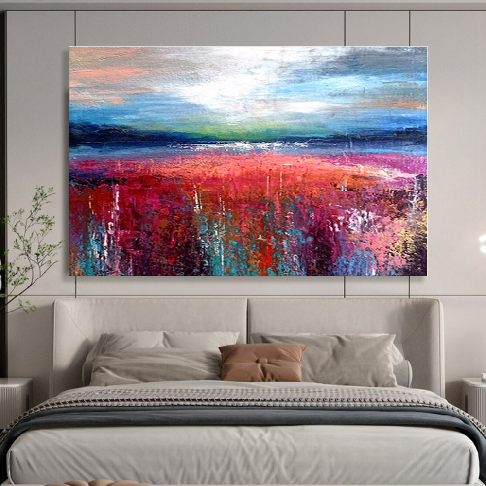 Blue, Pink, Red, Green Abstract Field and Sky Painting, Abstract Acrylic Art WB008