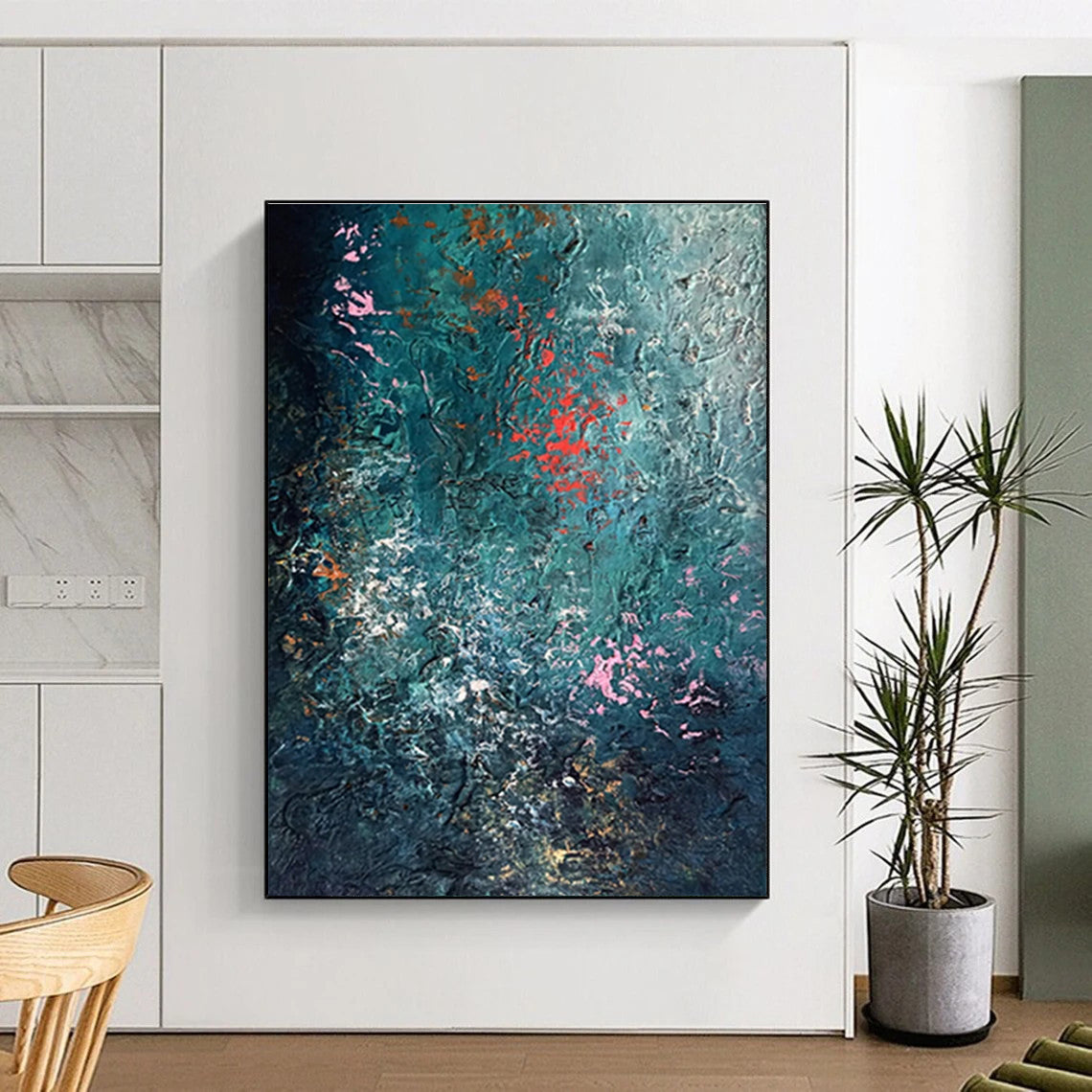 Unique Abstract Art Teal, Pink & Orange Textured Abstract, Large Contemporary Wall Art HS275