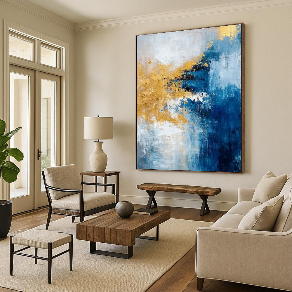 Acrylic Modern Art Paintings Blue, Gold, and White Abstract Art HS654
