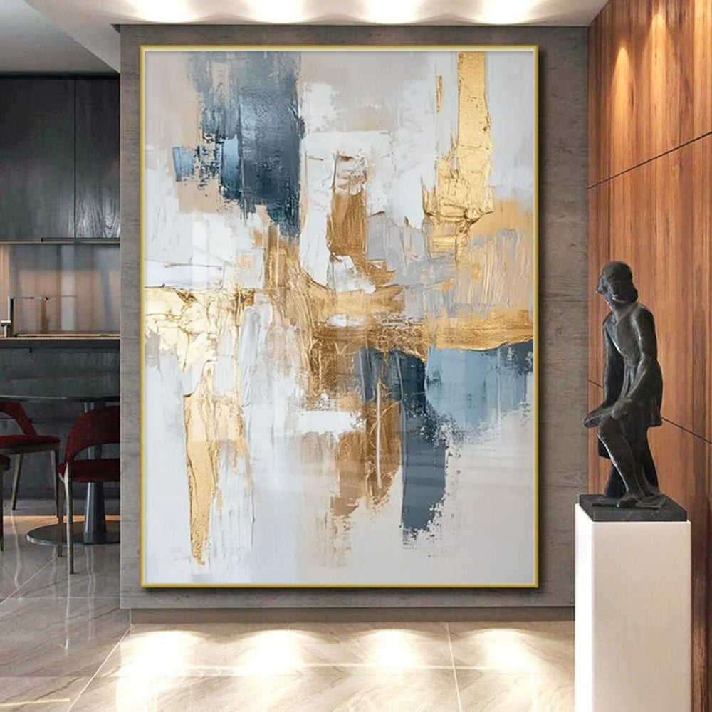 Hand Painted Art Gold, Blue, and White Textured Abstract Art HS732