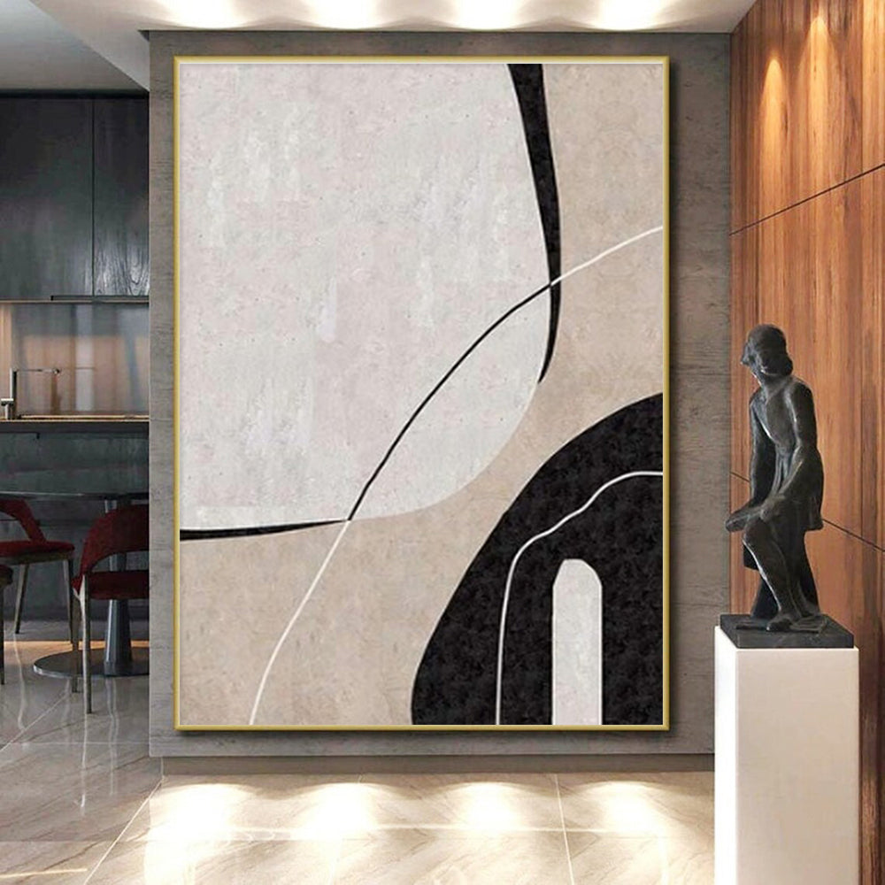 Minimalist Canvas Art Black, Beige, and White Organic Abstract Art HS681