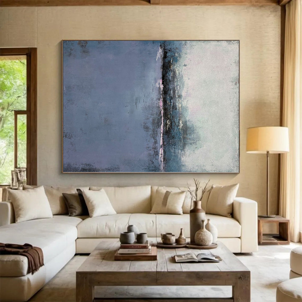 Hand-Painted Blue and Gray Abstract Misty Landscape Painting For Sale HS051