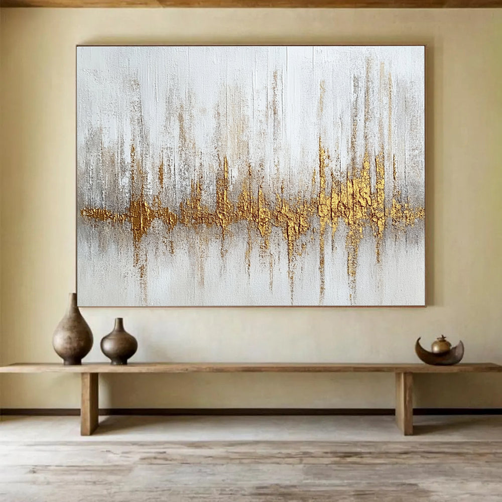 Oversized Canvas Art White, Gold, and Gray Abstract Soundwave - Acrylic Painting WB293
