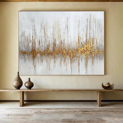Oversized Canvas Art White, Gold, and Gray Abstract Soundwave - Acrylic Painting WB293