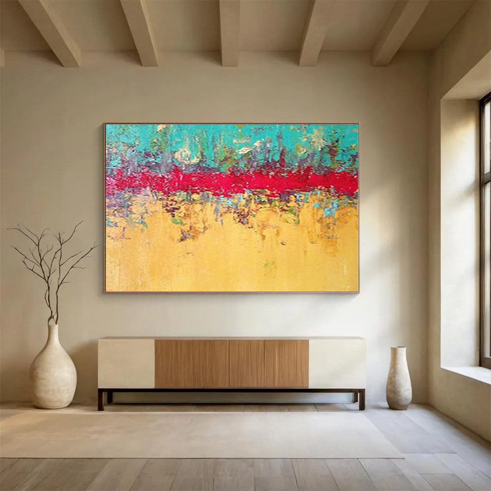 Huge Size Turquoise, Red and Yellow Abstract Textured Painting WB097