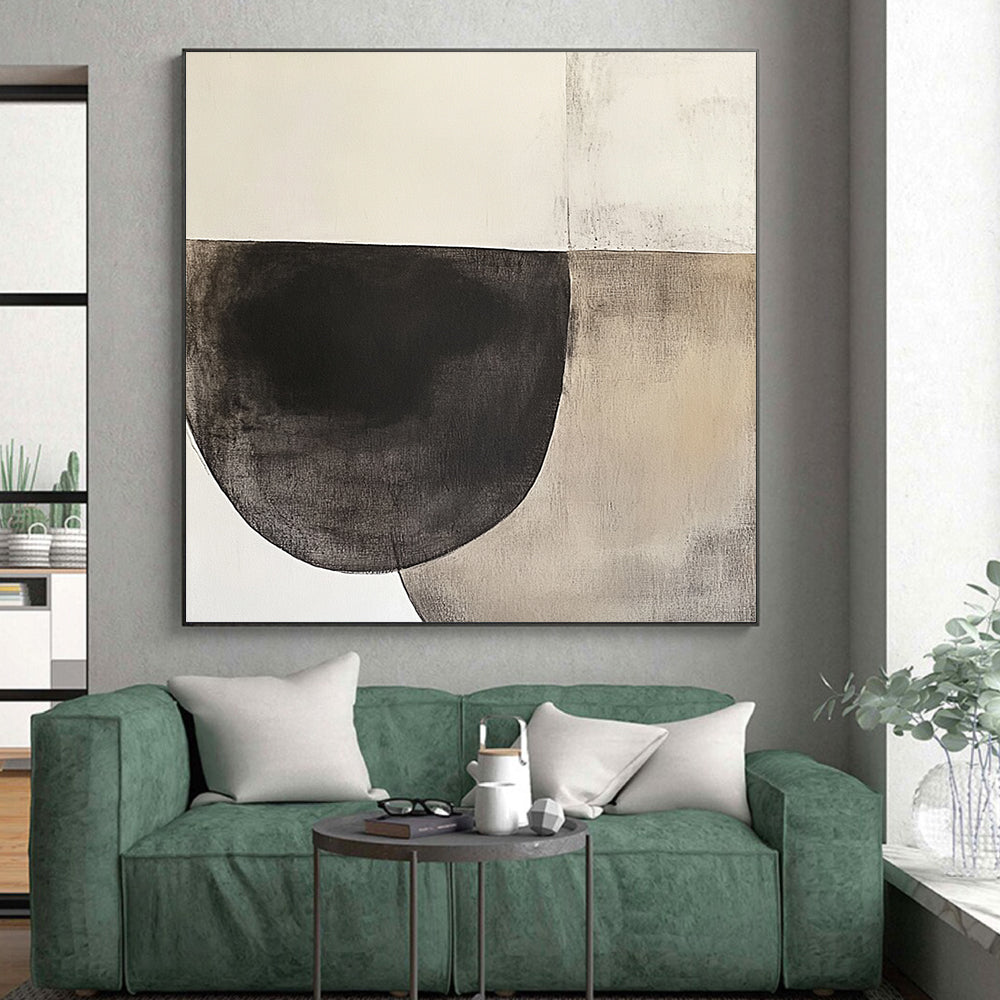Oversized Abstract Wall Art Black, White, and Beige Abstract Organic Shape Painting For Sale HS156