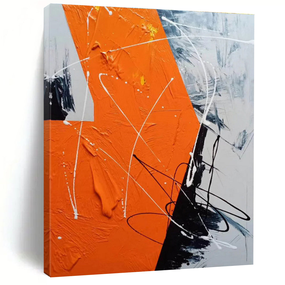 Oversized Abstract Wall Art Orange, Black & White Energetic Line Art HS409