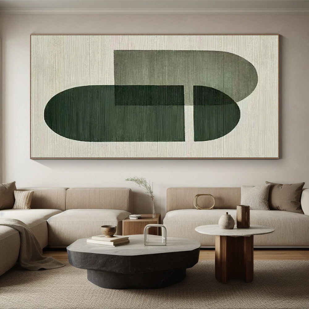 Hand-Painted Minimalist Canvas Art with Green, Gray Geometric Forms - Modern Art Acrylic HS514