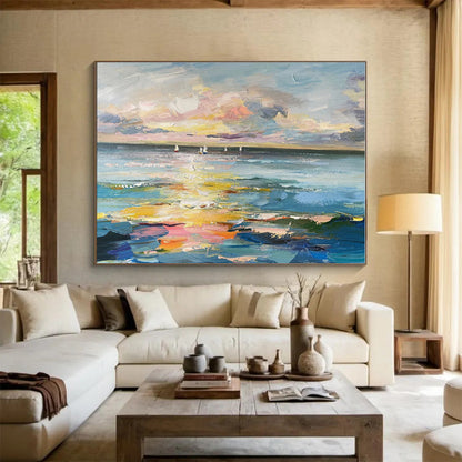 Blue, Pink, Yellow Abstract Seascape with Sailboats Acrylic Painting WB040