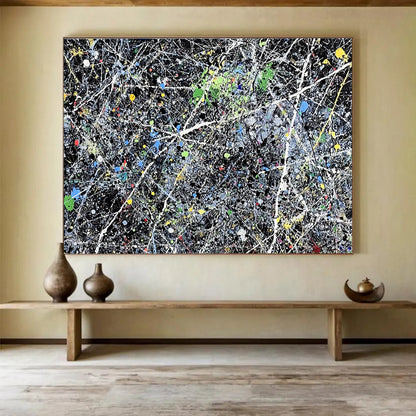 Contemporary Abstract Art with Multicolored Splatters and Black Background, Pollock - Style Abstract Theme WB311