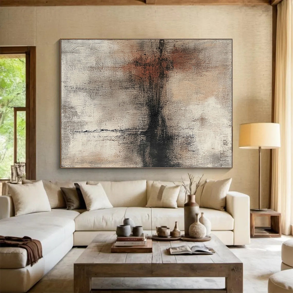 Hand-Painted Beige, Gray, and Black Abstract Textured Painting For Sale HS131