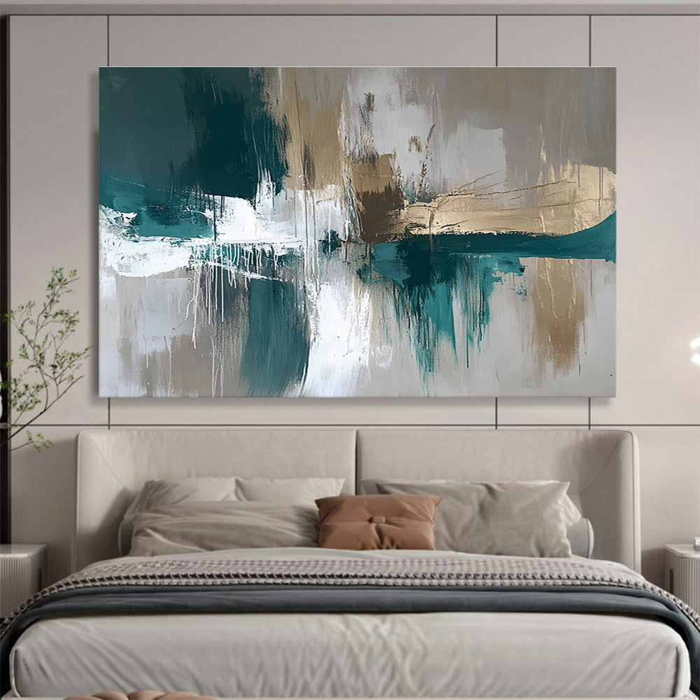 Extra Large Size Teal, Gold, Beige, and White Abstract Textured Art - Acrylic Painting WB299