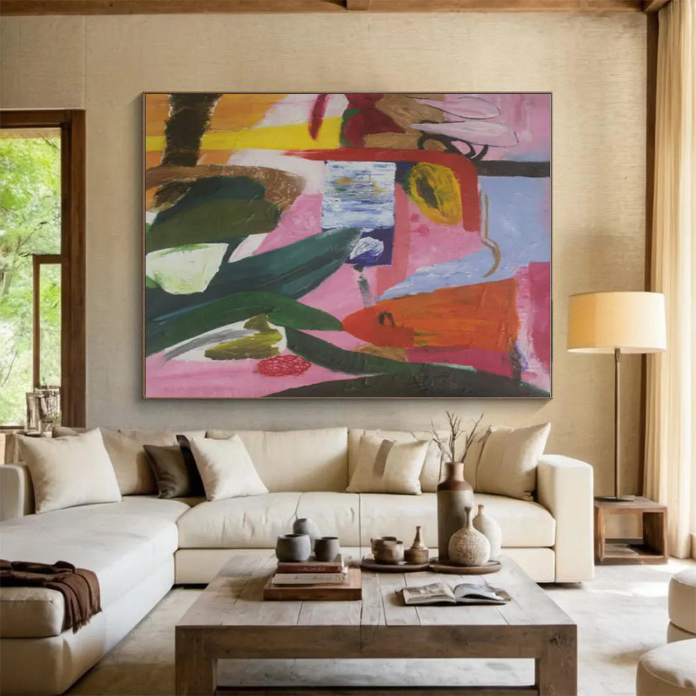Cool Abstract Paintings Pink, Orange, and Green Dynamic Abstract Painting On Canvas HS775