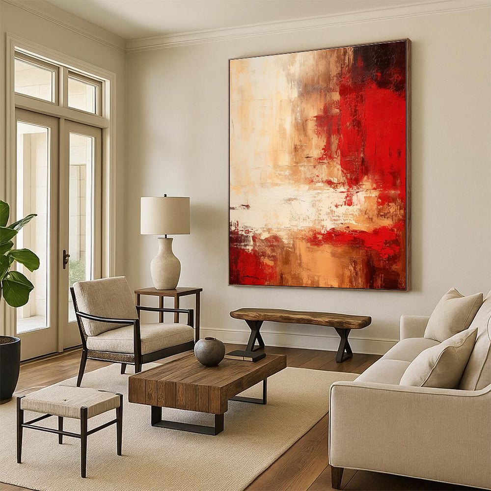 Gaint Canvas Art Red & Beige Textured Abstract, Oversized Abstract Wall Art HS460