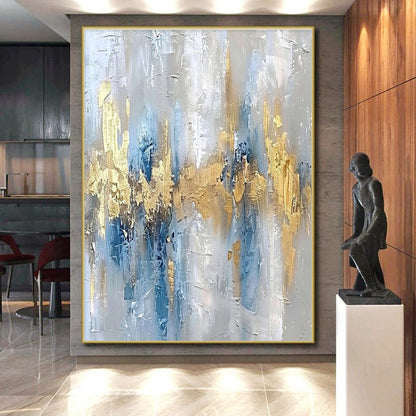 Large Painting In Living Room Blue, Gold, and Gray Textured Abstract Art HS655