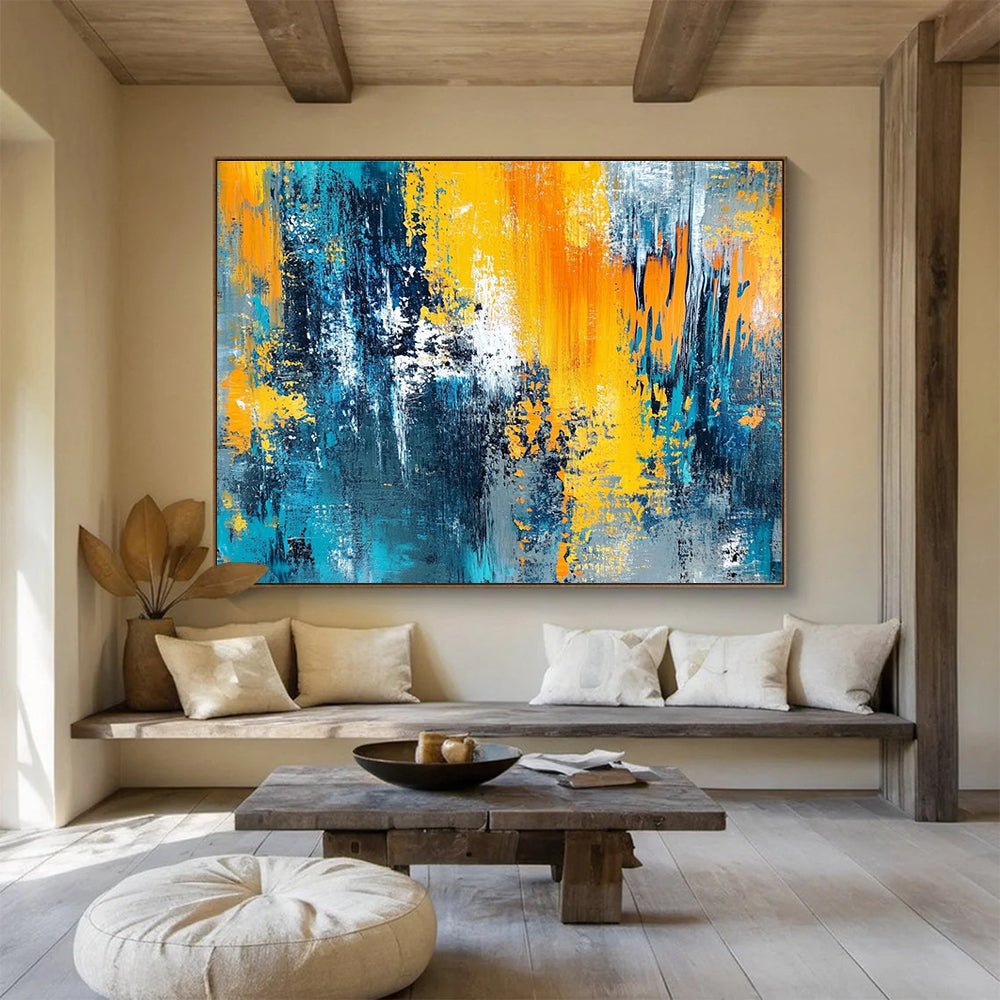 Big Size Blue, Orange, Yellow, and Gray Textured Abstract Art WB267