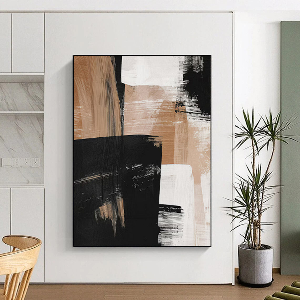 Hand-Painted Black, Beige & White Gestural Abstract, Acrylic Modern Art Painting HS442