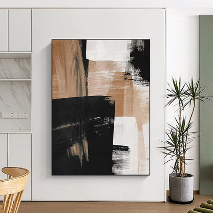 Hand-Painted Black, Beige & White Gestural Abstract, Acrylic Modern Art Painting HS442