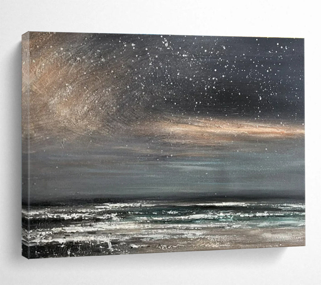 Gray, Black, White Abstract Starry Seascape Art For Sale WB409